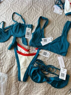 l*space Teal Ribbed four-Piece Swim Set with White & Red Accents